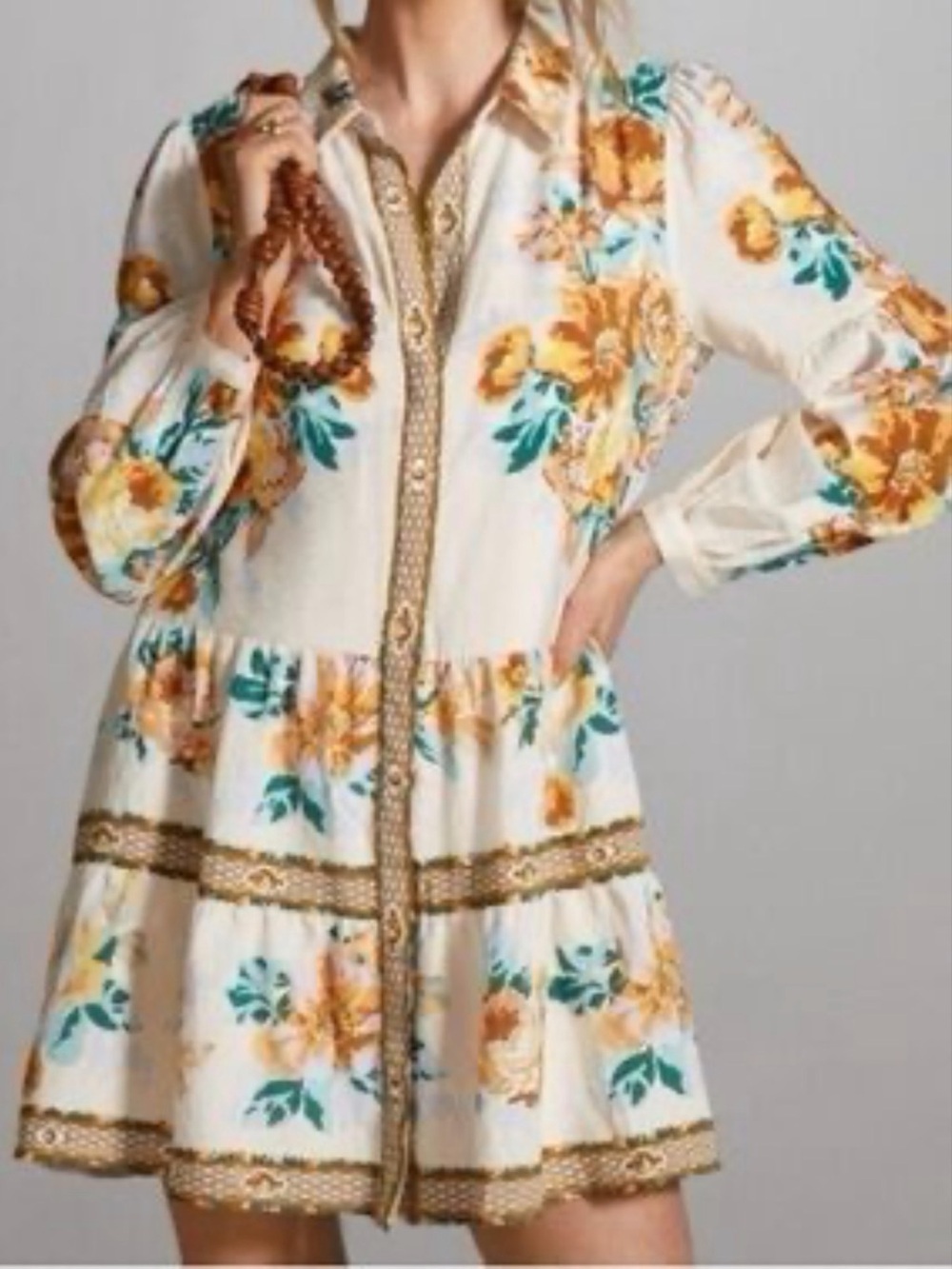 Anthropologie Cream Floral Shirt Dress